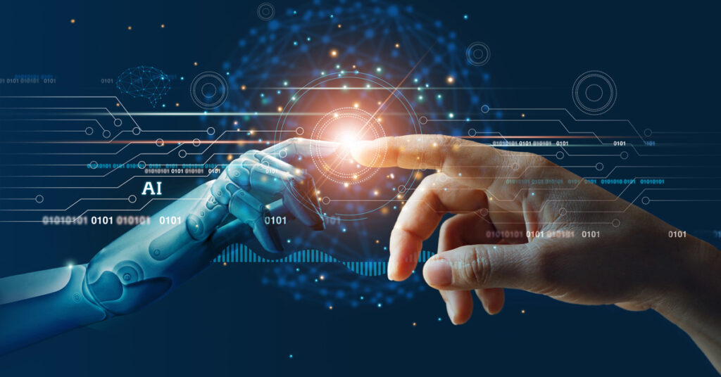 Mão de inteligência artificial entrando em contato com uma mão humana e gerando conexão
